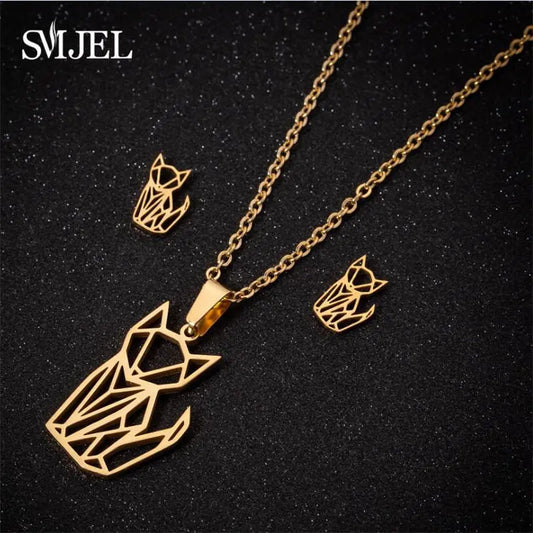 Abstract Cat Jewelry Set - Stainless Steel Necklace & Earrings for Cat Lovers 🐾